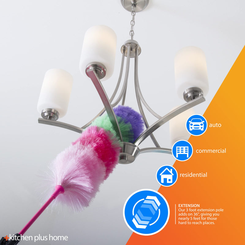 Kitchen + Home Large 27" Inch Static Duster with Bonus 35" Inch Extension Pole - Electrostatic Feather Duster attracts dust Like a Magnet! - Assorted Colors Will Ship