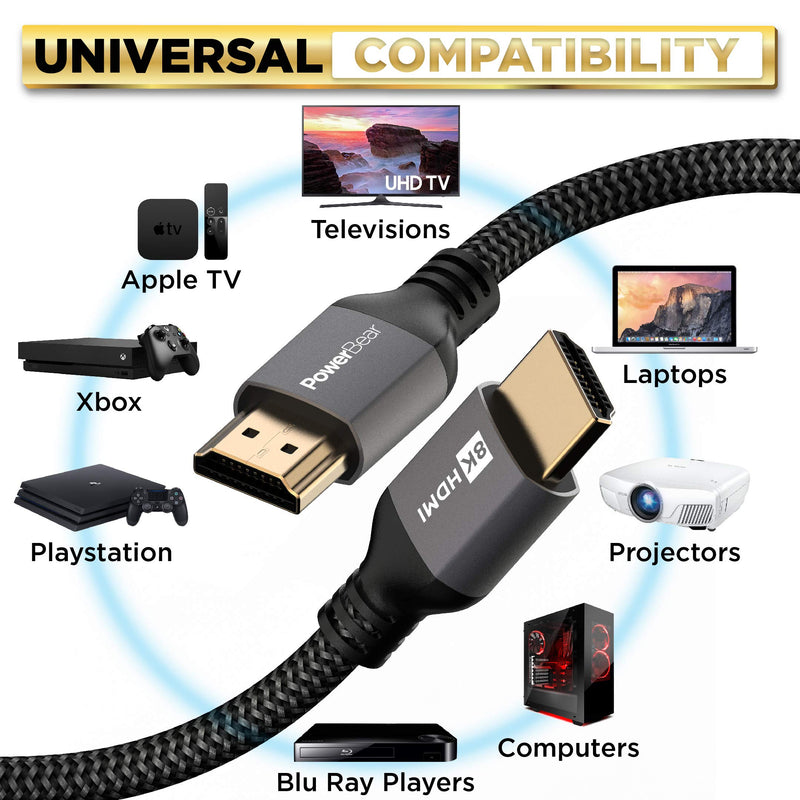 PowerBear 8K HDMI Cable 1 ft | High Speed, Braided Nylon & Gold Connectors, 8K @ 60Hz, 4K @ 120 HZ, 2K, 1080P & ARC Compatible | for Laptop, Monitor, PS5, PS4, Xbox One, Fire TV, Apple TV & More 1 Feet