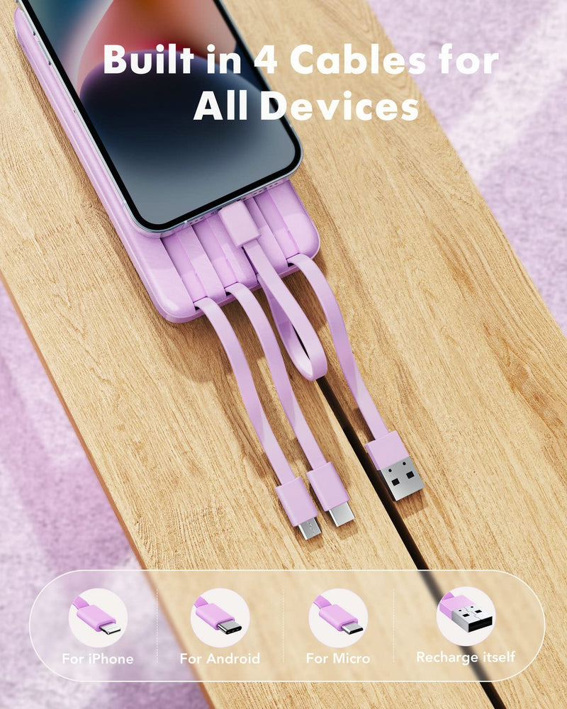 Portable Charger with Built in Cables, Portable Charger with Cords Wires Slim 10000mAh Travel Essentials Battery Pack 6 Outputs 3A High Speed Power Bank for iPhone Samsung Pixel LG Moto iPad D-Purple
