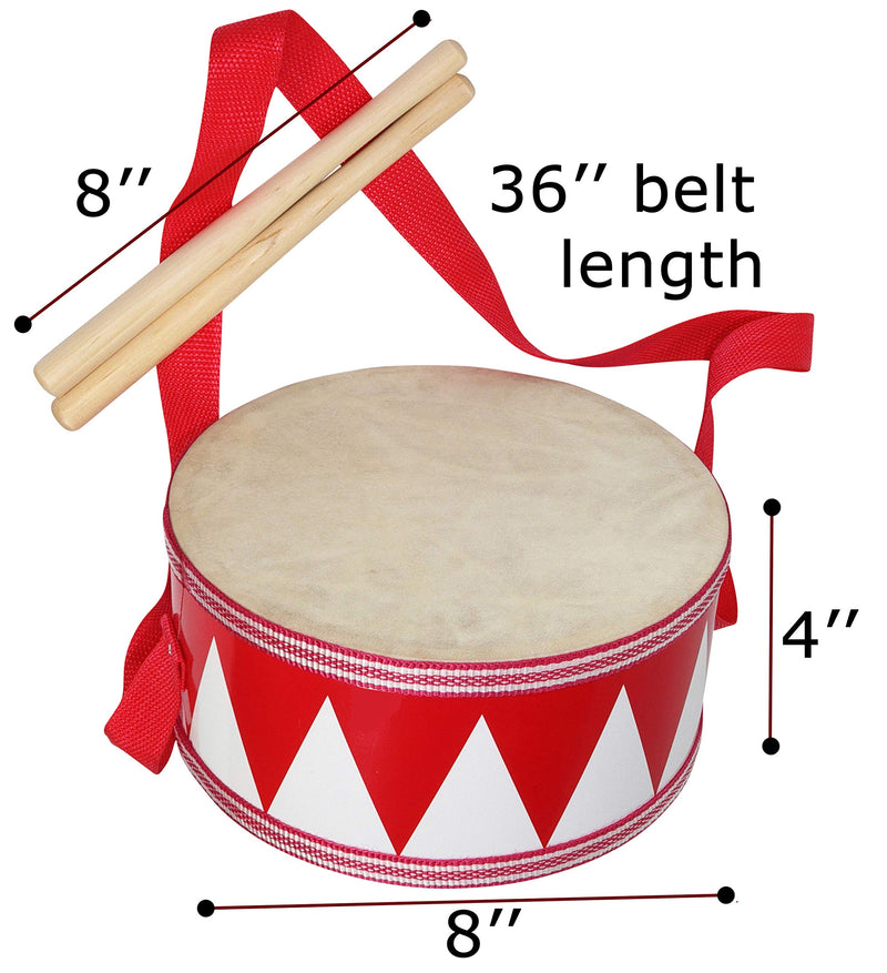 8-inch Kids Drum - Adjustable Strap - Wooden Drumsticks 8 in Red/White