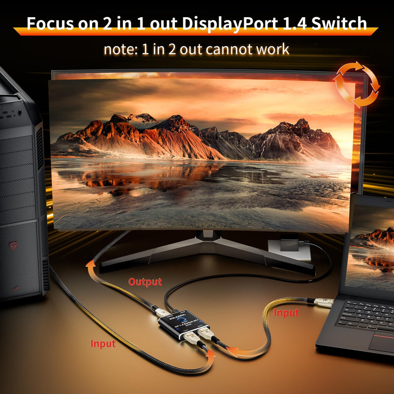 BolAAzuL 8K DisplayPort Switch 2 in 1 Out, DP Switch 2 in 1 Out -Unidirectional Display Port 1.4 Switcher 2 Port DP 1.4 Switch Box - 8K@60Hz, 4K@120Hz, 2K@144Hz for PC Host Monitor Laptop