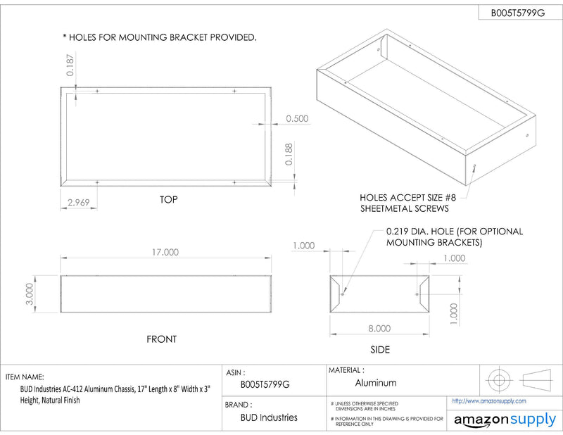 BUD Industries AC-412 Aluminum Chassis 17" L x 8" W x 3" H, Natural