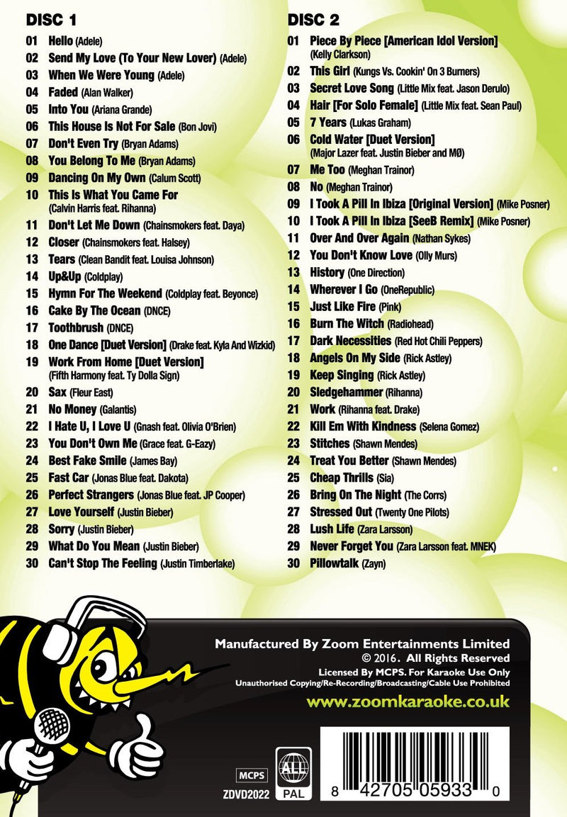 Zoom Karaoke DVD - The Ultimate Karaoke Party 2016 - 60 Songs