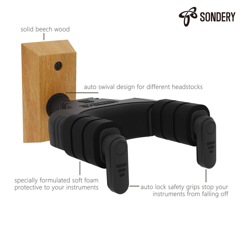 Sondery Guitar Hanger Wall Mount - Adjustable Guitar Hook Holder for Acoustic and Electric Guitar, Ukulele and Bass with Real Wood Base and Black Cradle for Instrument Display 2 Pack