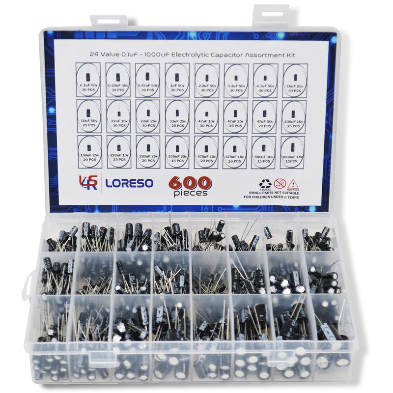 Electrolytic Capacitor Assortment Kit Box by Loreso 600pcs 24 Value - Electrolytic Capacitors 0.1uf to 1000uf 50V, for Aurdiono Hobby Electronics, Audio-Video Project Electronic Repair