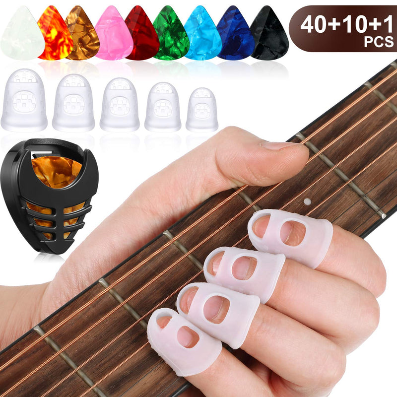 40 Pieces Guitar Fingertip Protectors Guards in 5 Sizes 10 Pieces Guitar Picks 0.5 mm with 1 Guitar Pick Holder, Guitar Finger Guard for Stringed Instruments Guitar Bass Ukulele Bass Sewing Sports