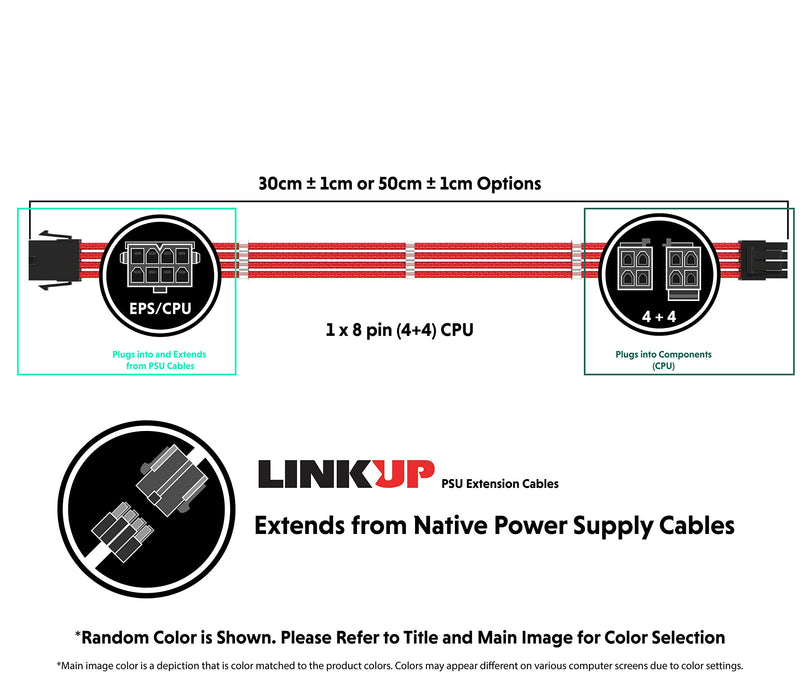 LINKUP - EPS 8 (4+4) P CPU ATX Motherboard PSU Power Supply Braided Sleeved Custom Mod PC Extension Cable w/Combs┃Strong & Stiff Design┃Single Pack┃50CM 500MM - Red 50cm PURE COLOR Red 8P CPU