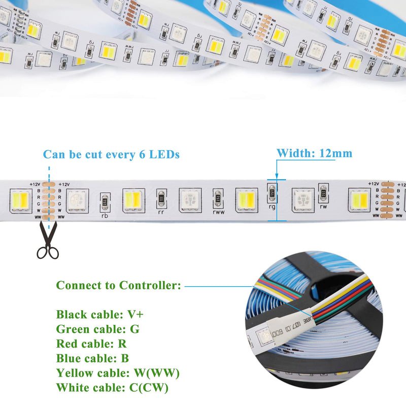 [AUSTRALIA] - RGBSIGHT 16.4ft Flexible RGBCCT LED Strip lighting 12V 5M 300 Units RGB Warm Cold White Full Color LED Lightstrip LightsColor Temperature Adjustable IP20 Non-Waterproof for Christmas,Seasonal Holidays 