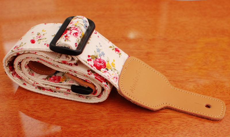 MUSIC FIRST Original Design, 2 inch width (5cm), “Rosa Multiflora in Cream” Padded Soft Cotton & Genuine Leather Guitar Strap, Ukulele Strap, Mandolin Strap