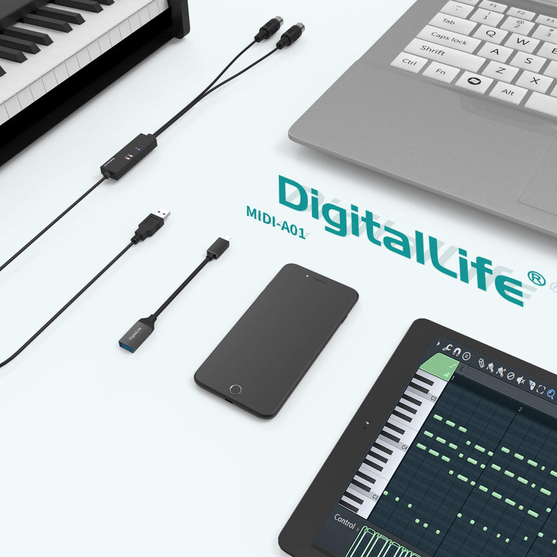 DigitalLife USB MIDI Interface Cable - 5-Pin DIN MIDI (in/Out) to USB Converter Cable with LED Data Status Indicator [MIDI-A01]