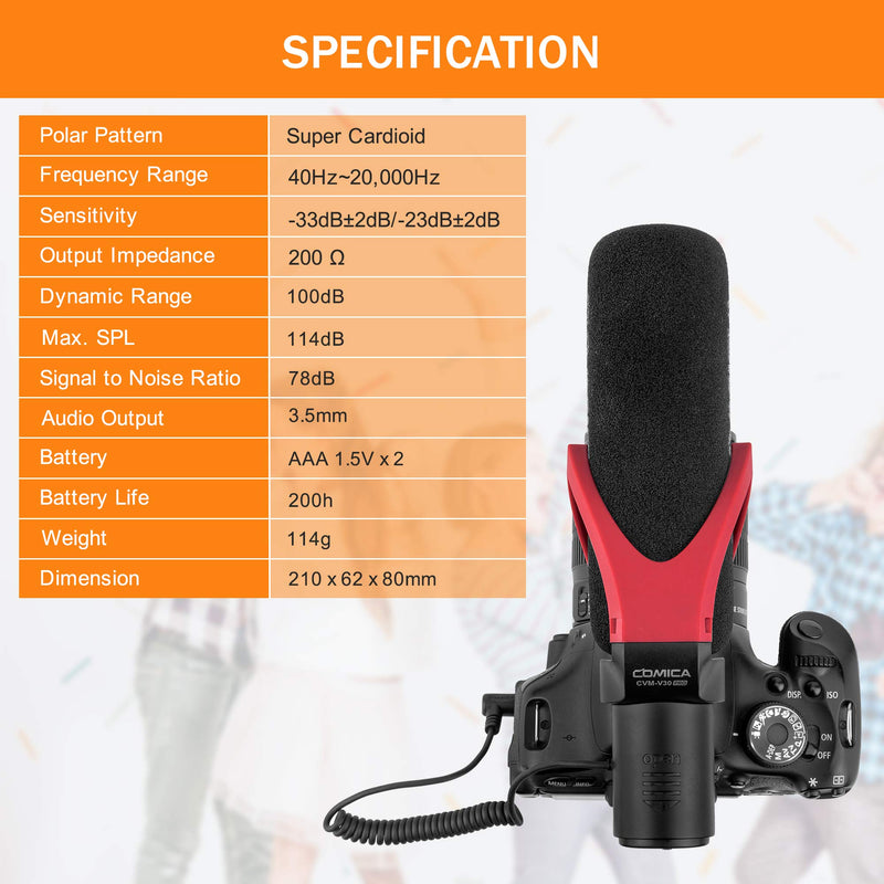 Shotgun Microphone, Comica CVMV30PRO Professional Super Cardioid Video Microphone with Shock Mount,Wind Muff, Camera Microphone for Canon Nikon Sony Panasonic DSLR Cameras,Camcorder etc.