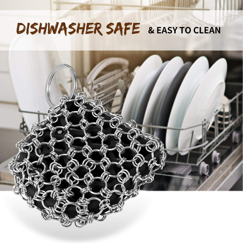 Herda Cast Iron Skillet Scrubber Scraper Tool, 4Pieces Pot Cleaner Cleaning Care Kit- 316 Chainmail Scrubber for Iron Pan Dish, Chain Link Metal Scrubber Iron Skillet Grill Griddle Brush Scrub Sponge Red Kit