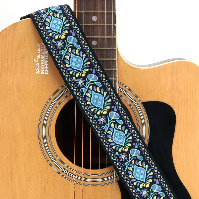 Tifanso Guitar Strap Jacquard Weave Guitar Strap with Genuine Leather Ends - Soft Adjustable Acoustic Guitar Strap for Electric Bass, Come With Strap Button, 1 Pair Strap Locks and 3 Guitar Picks Blue Jacquard Weave