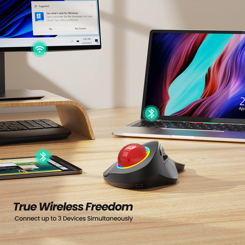 Nulea Wireless Trackball Mouse, Rechargeable Ergonomic RGB Rollerball Mouse, Easy Index Finger Control with 5 Adjustable DPI, 3 Device Connection for PC, Laptop, iPad, Mac, Windows, Android