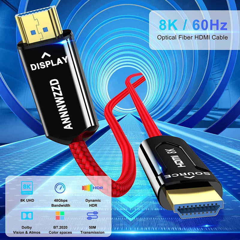 ANNNWZZD 8K HDMI Fiber Optic Cable,8K@60Hz Fiber HDMI 2.1 Braided Cord，Supports 8K@60Hz 4K@120Hz, 48Gbps Dynamic HDR 10, eARC, HDCP2.2, 4:4:4 （Red Braided) (50FT/15M) 50FT/15M