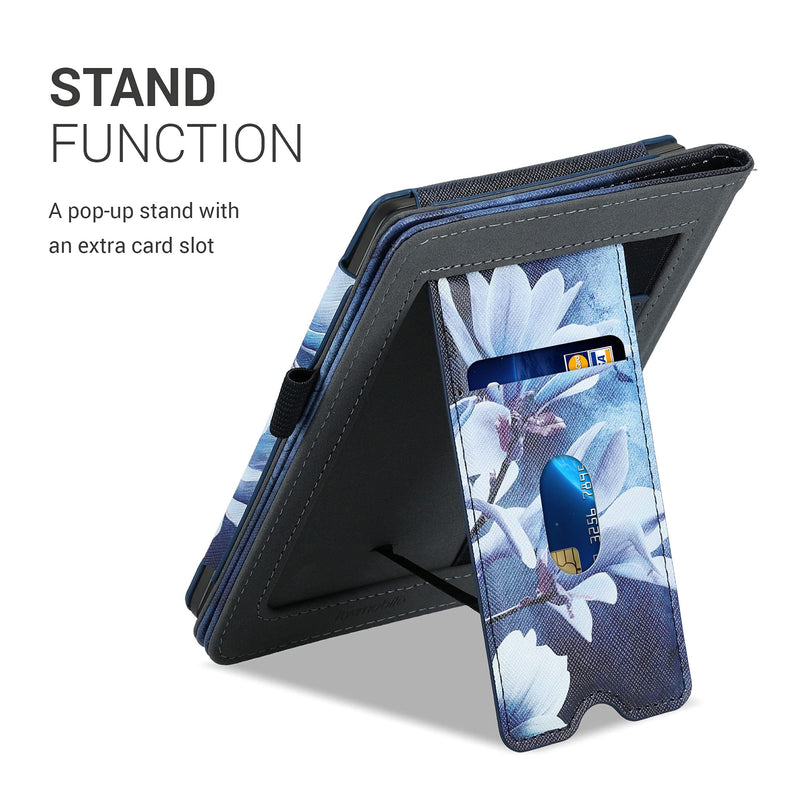 kwmobile Case Compatible with Kobo Clara HD - Case PU Leather Cover with Magnet Closure, Stand, Strap, Card Slot - Blooming Magnolia White/Grey/Blue Blooming Magnolia 02-22-04