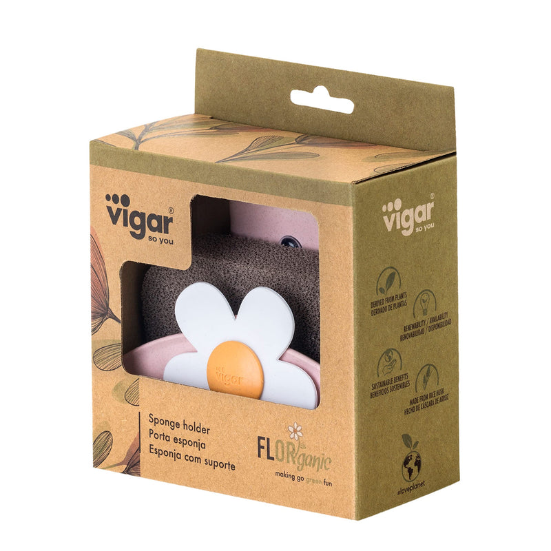 Vigar Florganic Sponge & Holder Set, Eco-friendly, Daisy-decorated Sponge Holder with Suction Cup and Sponge, Pink