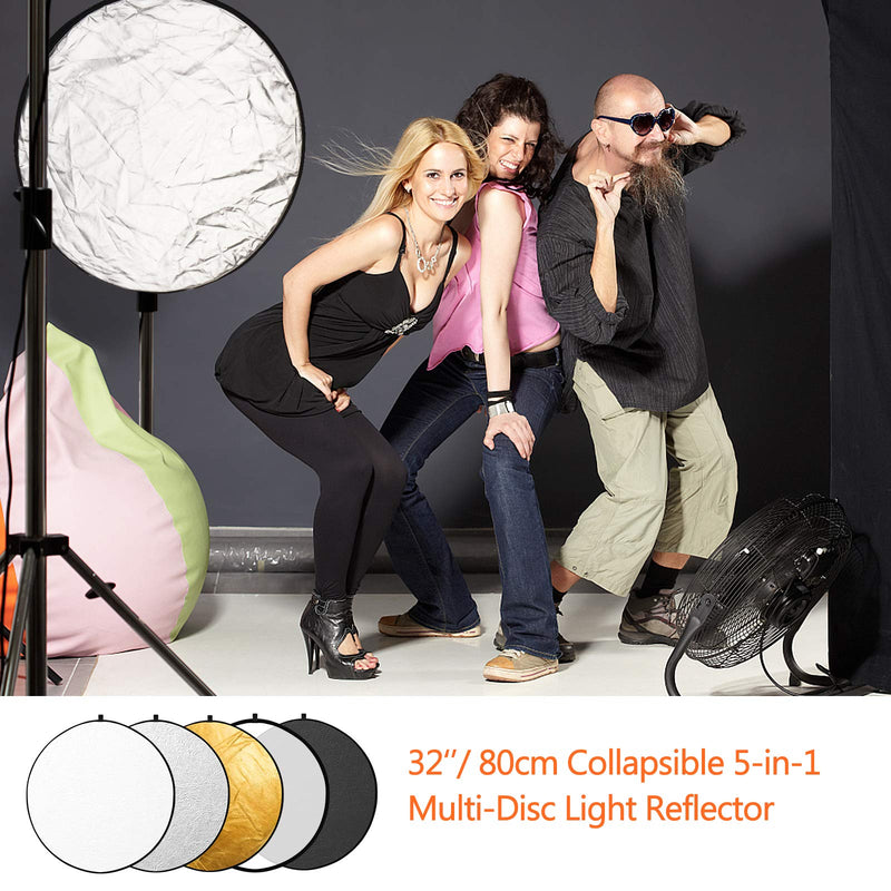 Photography Light Reflector 32 Inches/ 80 cm 5 in 1 Photo Diffuser Collapsible with Bag for Studio Outdoor Lighting, Translucent, Silver, Gold, White and Black Cover