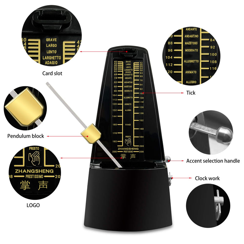 ZHANGSHENG C510 Classic Mechanical Metronome for Piano/Guitar/Drums/Violin,Track Tempo and Beat, Instrument General-Purpose(Black) black