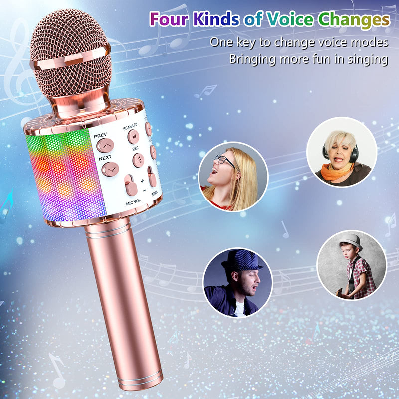 Wowstar Karaoke Bluetooth Microphone, 5 in 1 Wireless Microphone for Kids Adults, Dancing LED Lights Portable Speaker Karaoke Machine for Home KTV Party Singing (Rose Gold) Rose Gold-01