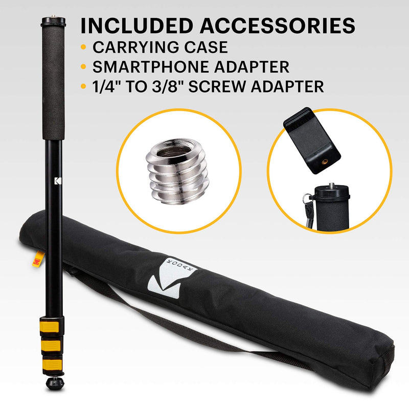 KODAK PhotoGear 72” Portable Monopod | 21”-72” Lightweight Aluminum Monopod | 4-Section Flip Lock Adjustment, Smartphone Adapter, Rubber Foot with Retractable Spike, Wrist Strap & Bonus E-Guide & Case