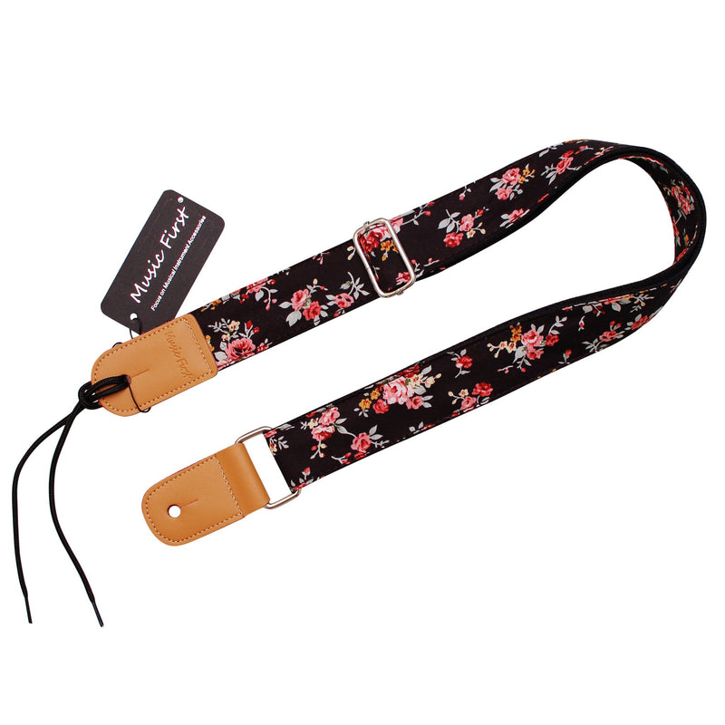 MUSIC FIRST Original Design “Rosa Multiflora in Black” Soft Cotton & Genuine Leather Ukulele Strap Ukulele Shoulder Strap