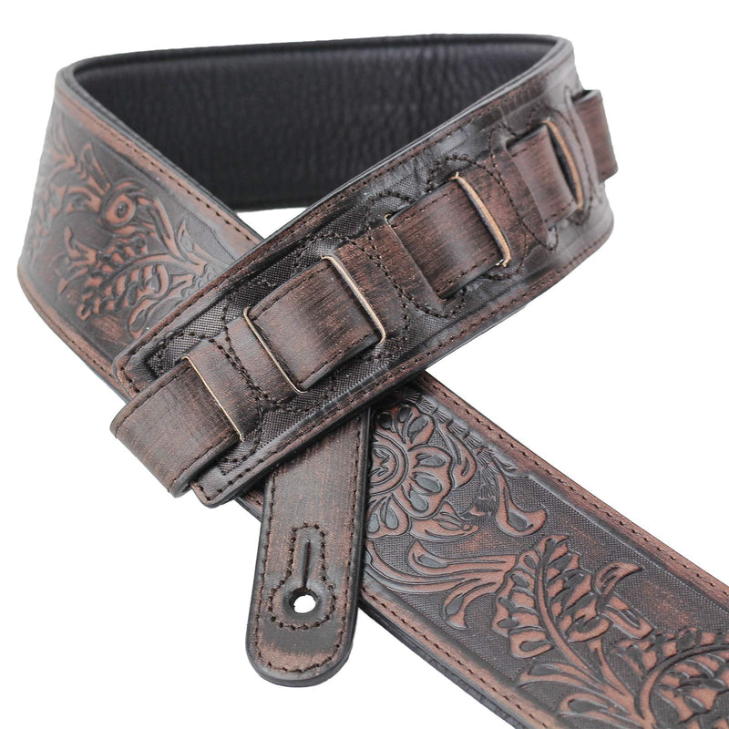 Walker & Williams LIF-03 “Weathered" Dark Brown Padded Guitar Strap with Live Oak Tooling