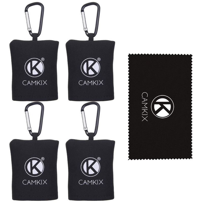 Camkix Cleaning Cloth with Open Bottom Pouch and Carabiner - 4 Pack - Pull Out Microfiber Cloth (7.9" x 7.9") - for Delicate Surfaces and Sensitive Optics - Glasses, Camera Lenses, Gadget Screens