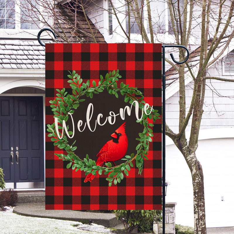 Cardinal Christmas Garden Flag | Wreath Welcome Garden Flag 12.5 x 18 Inch | Buffalo Check Plaid Winter Yard Flag Double Sided | Rustic Christmas Yard Decorations | Holiday Outdoor Flags