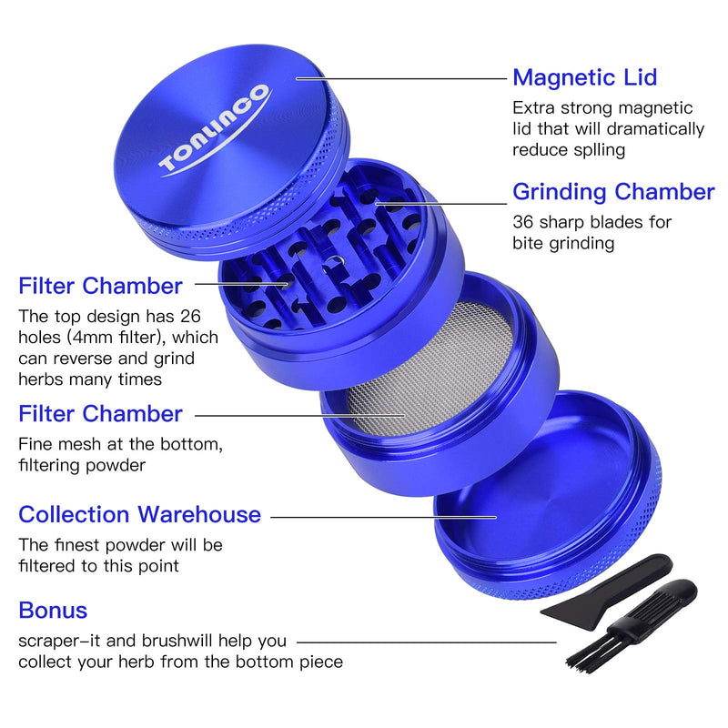 Aerometal 2" 4 Piece Spice Herb Grinder Handy tools Sharp, durable and Exquisite workmanship (Blue) Blue