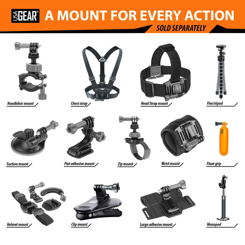 USA GEAR Action Camera Handlebar Mount Zip-Tie with Tripod Screw, Adapter & Rotating Head - Fits bar up to 2" Diameter - Compatible With GoPro Hero 10 Black, DJI Osmo, Insta360 ONE R, Akaso 7 and More