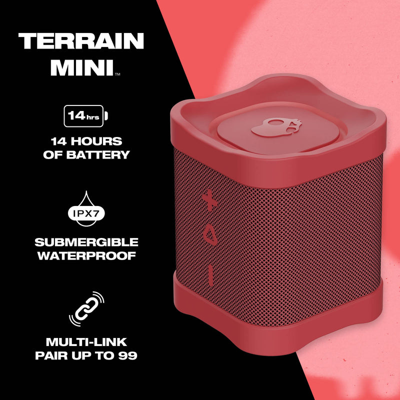 Skullcandy Terrain Mini Wireless Bluetooth Speaker - IPX7 Waterproof Portable Speaker with Dual Custom Passive Radiators, 14 Hour Battery, Nylon Wrist Wrap, & True Wireless Stereo (Red) Red