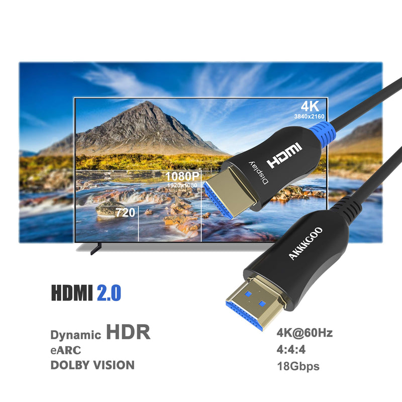 AKKKGOO Fiber Optic HDMI Cable 30ft, HDMI Cable Fiber 4K 60Hz HDMI2.0b, Subsampling 4:4:4/4:2:2/4:2:0, HDR, Dolby Vision, HDCP2.2, ARC, 3D, High Speed 18Gbps, Slim and Flexible Active HDMI Cable (10m) 30ft/10m