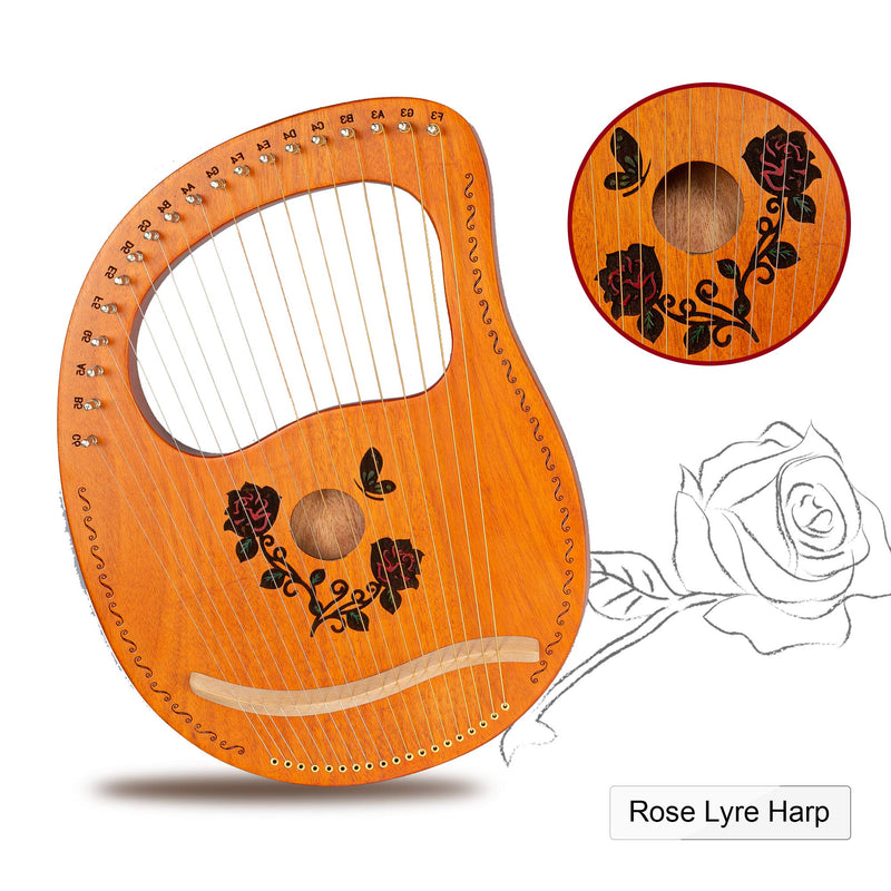 Cuecutie Lyre Harp 19 String Wood Rose Harp Portable Solid Mahogany Harp String Instrument with Black Bag Strings Carry Cloth Sheet Music Pick Tuning Wrench (Rose)