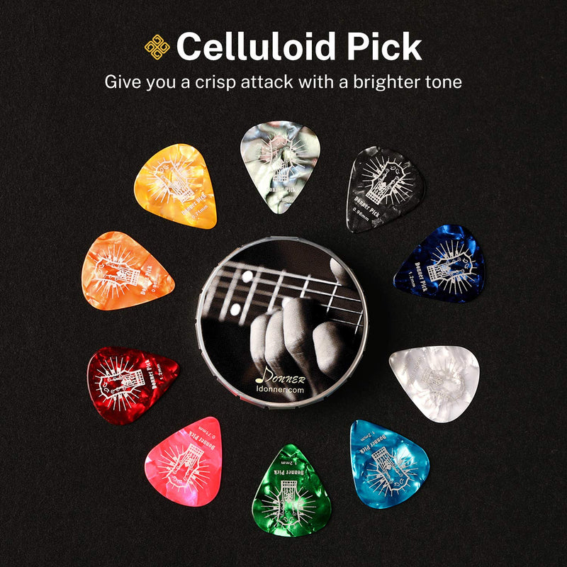 Donner Celluloid Guitar Picks 16 Pack Guitar Plectrum 4 Thickness, Thin, Medium, Heavy & Extra Heavy Presented in Luxury Metal Case Music Gift for Acoustic Electric Bass Guitar Ukulele