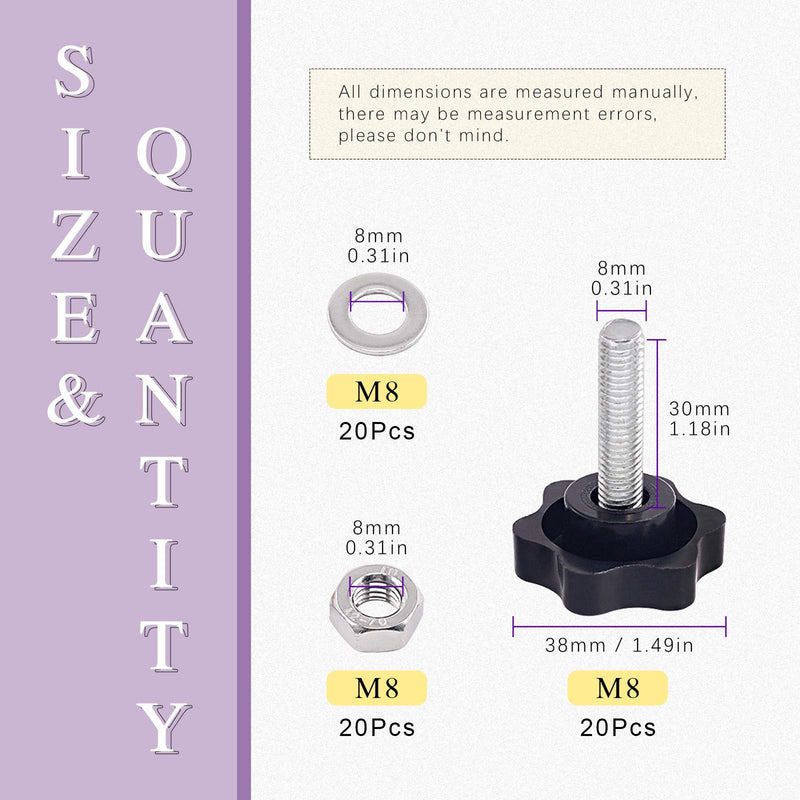 Swpeet 60Pcs M8 x 30 Hex Shaped Male Thread Metal Clamping Hand Star Knobs with 304 Stainless Steel Hex Nuts and Flat Washer Assortment Kit, Clamping Screw (M830) M8*30