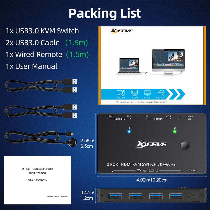 8K USB 3.0 KVM Switch HDMI 2 Port 8K@60Hz 4K@120Hz,Camgeet HDMI 2.1 KVM Switch for 2 Computers Share 1 Monitor and 4 USB 3.0 Devices,HDCP 2.3, HDR 10,with Wired Remote and 2 USB3.0 Cable