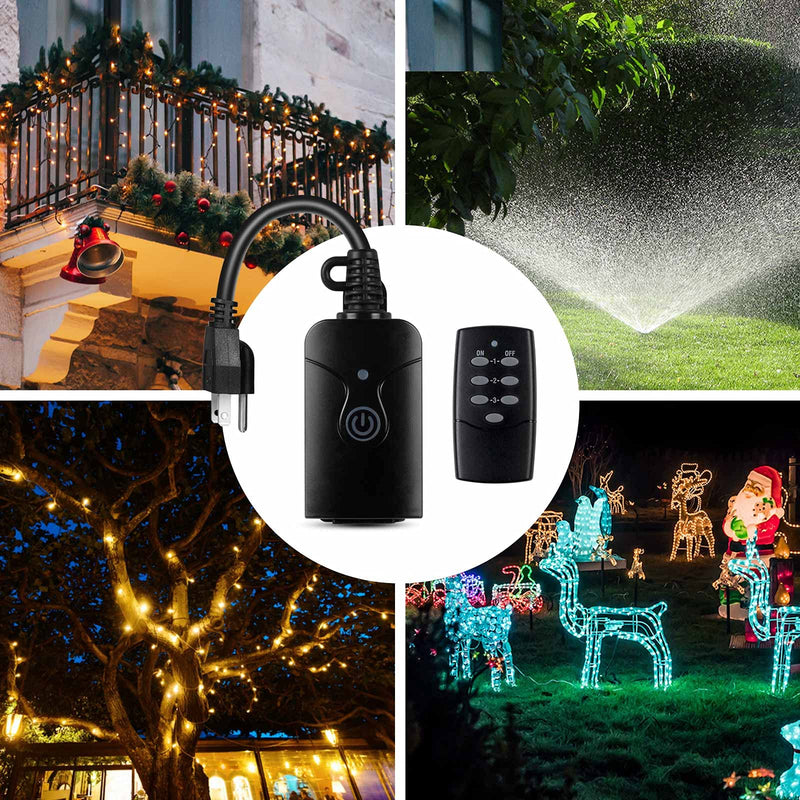HBN Outdoor Indoor Wireless Remote Control 3-Prong Outlet Weatherproof Heavy Duty 15 A Compact 1 Remote 3 Outlets with Remote 6-inch Cord 100ft Range ETL Listed (Battery Included)