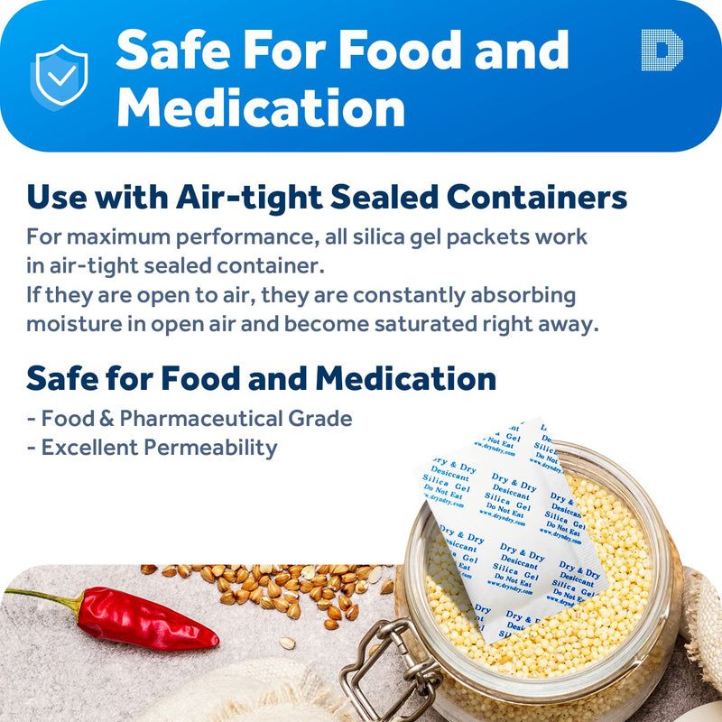 Dry & Dry 5 Gram [50 Packets] Premium Pure and Safe Silica Gel Packets Desiccant Dehumidifiers, Silica Gel Packs - Rechargeable (Food Safe) Moisture Absorbers, Desiccant Packets 50 Pack