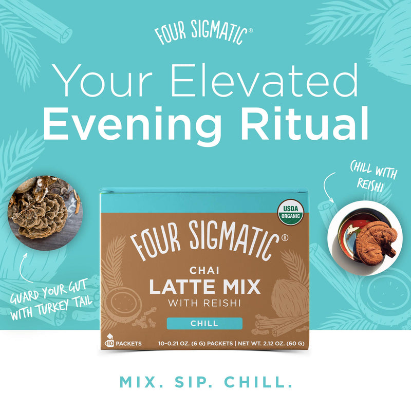 Four Sigmatic Chai Latte, Organic Instant Chai Latte with Turkey Tail, Reishi Mushrooms & Coconut Milk Powder, Support Gut & Digestion Health, Decaf + No Dairy, 10 Count
