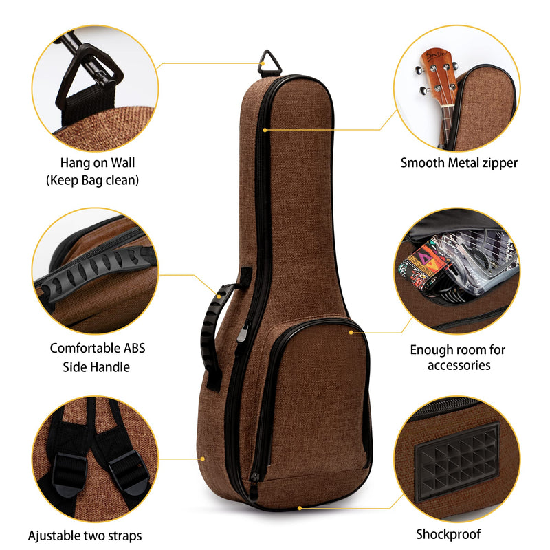 Deviser 21 Inch Ukulele case 0.5 Inch Padded Sponge wrinkleproof linen fabric ukelele case Soprano ukulele gig bag with 3 Felt picks Brown 21 Inch Soprano ukele bag