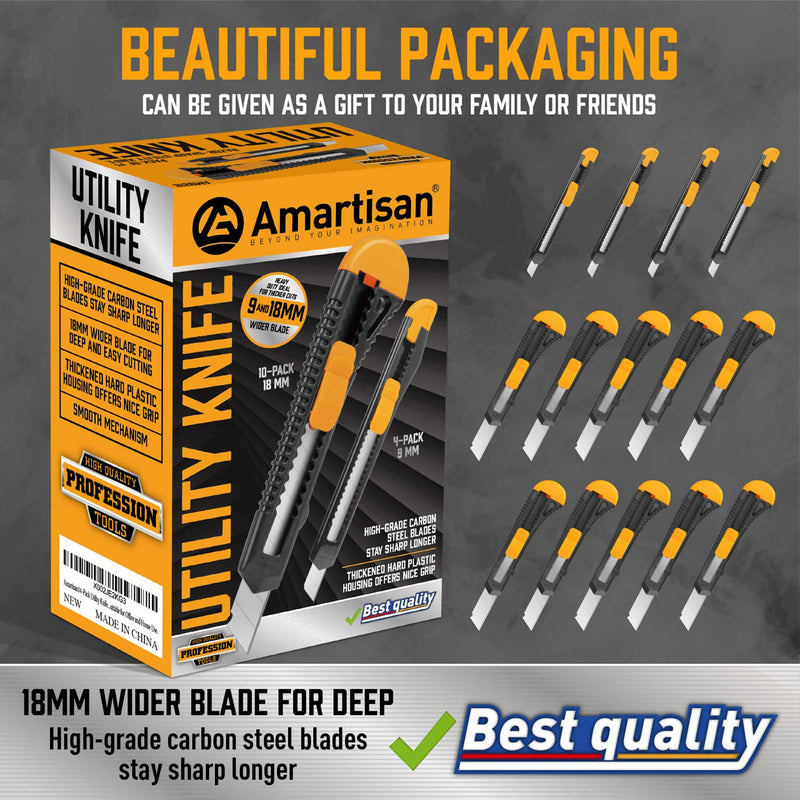 [AUSTRALIA] - Amartisan 14-Piece Retractable Box Cutter, Utility Knifes for Boxes, Cartons, Cardboard Cutting, 18mm & 9mm Wide Blade Cutter, Very Suitable for Office and Home Use. 