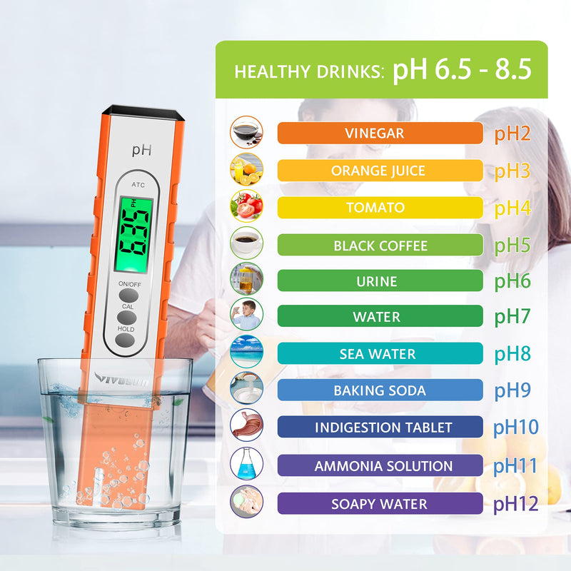 VIVOSUN PH Meter Digital PH Tester Pen 0.01 High Accuracy Water Quality Tester with 0-14 PH Measurement Range for Hydroponics, Household Drinking, Pool and Aquarium, with ATC, Orange