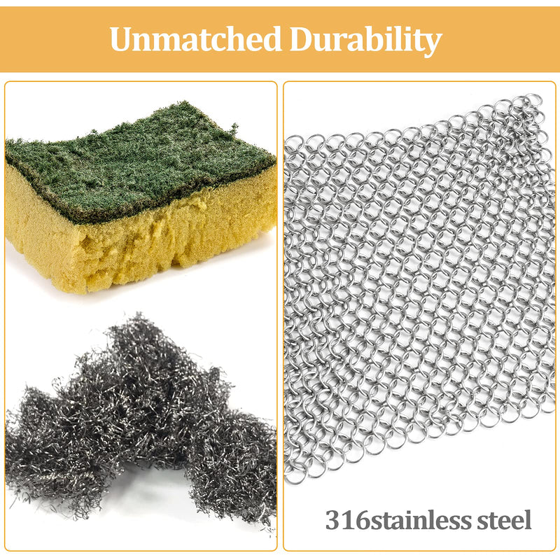 Amagabeli Cast Iron Cleaner 8"x6" Rectangle Metal Scrubber with Hanging Ring 316 Premium Stainless Steel Chainmail Scrubber for Cast Iron Pans CS03 8"x6"