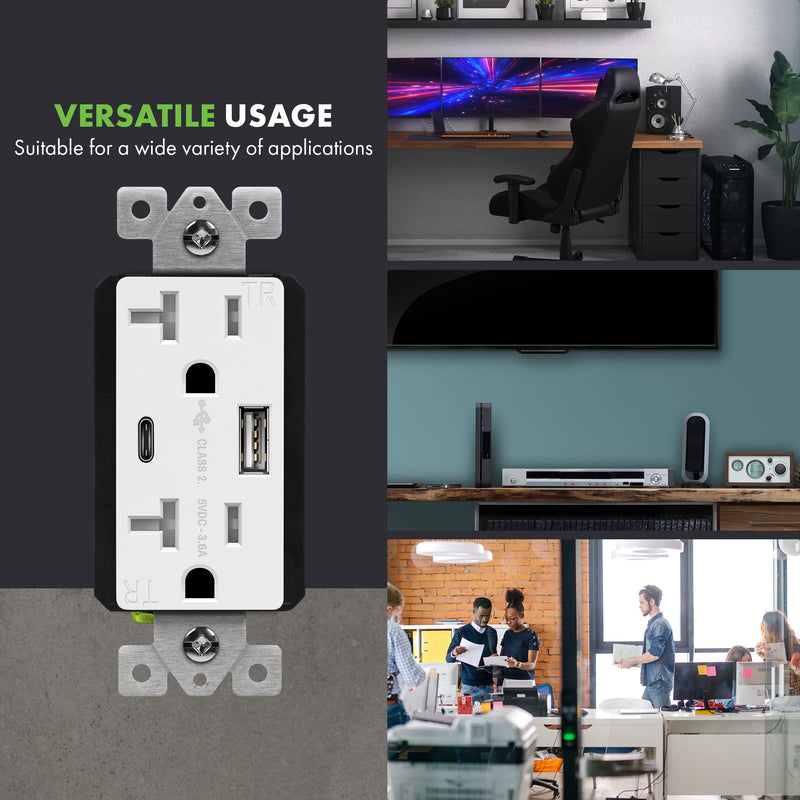 [AUSTRALIA] - TOPGREENER 20 Amp USB Outlet, Type C USB Wall Charger Outlet, 20A Tamper-Resistant Receptacle with 2 USB Charging Ports, TU22036AC-W-2PCS, White, 2 Pack 