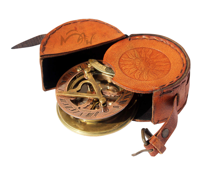 MAH Handmade Brass Sundial Compass Beautiful Gift Item with Leather Box. C-3058