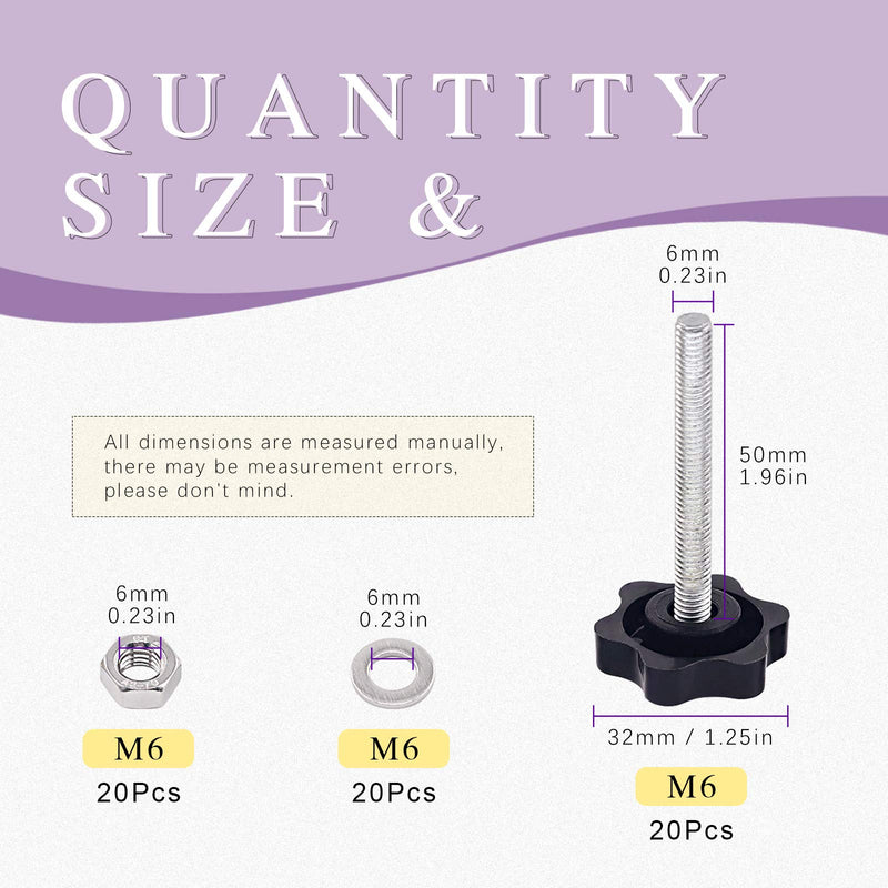 Swpeet 60Pcs M6 x 50 Hex Shaped Male Thread Metal Clamping Hand Star Knobs with 304 Stainless Steel Hex Nuts and Flat Washer Assortment Kit, Clamping Screw Plastic Screw-On Handle(M650) M6*50
