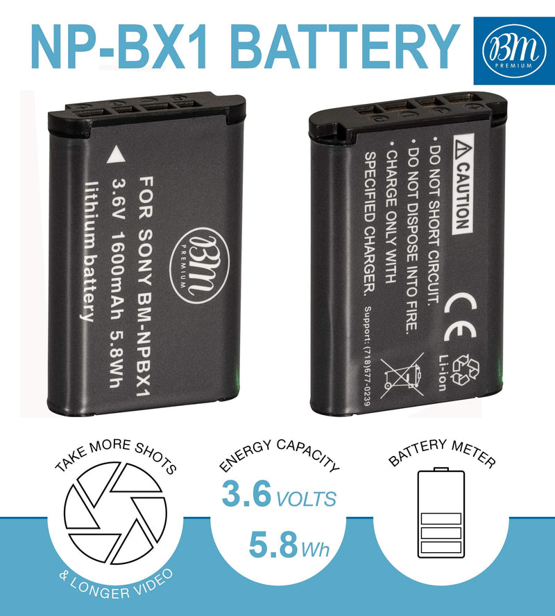 BM Premium 2 NP-BX1 Batteries and Charger for Sony CyberShot DSC-RX100, RX100 II, RX100 III, RX100 IV, RX100 V, RX100 VI, RX100 VII, DSC-RX1R, RX1R II, HX50V, HX60V, HX80V, HX90V, WX300, WX350 Cameras