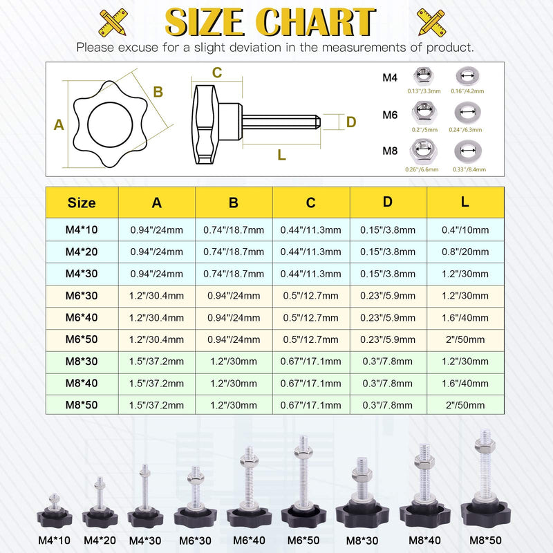 Mardatt 20 Sets M6x30mm Star Knobs Male Thread Clamping Knob Screw Hand Tightening Knob Quick Removal Replacement Parts with 304 Stainless Steel Hex Nuts and Flat Washers M6 x 30mm