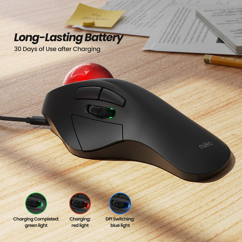 Nulea Wireless Trackball Mouse, Rechargeable Ergonomic RGB Rollerball Mouse, Easy Index Finger Control with 5 Adjustable DPI, 3 Device Connection for PC, Laptop, iPad, Mac, Windows, Android